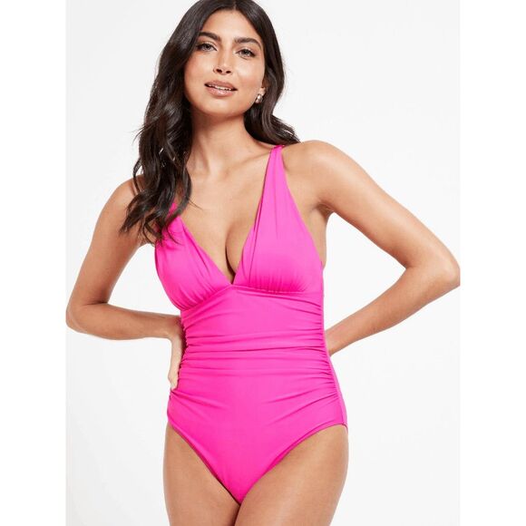 NWT J.Crew Radiant‎ Fuchsia Ruched One Piece Swimsuit Size 10 Hot Pink V Neck - Picture 1 of 11